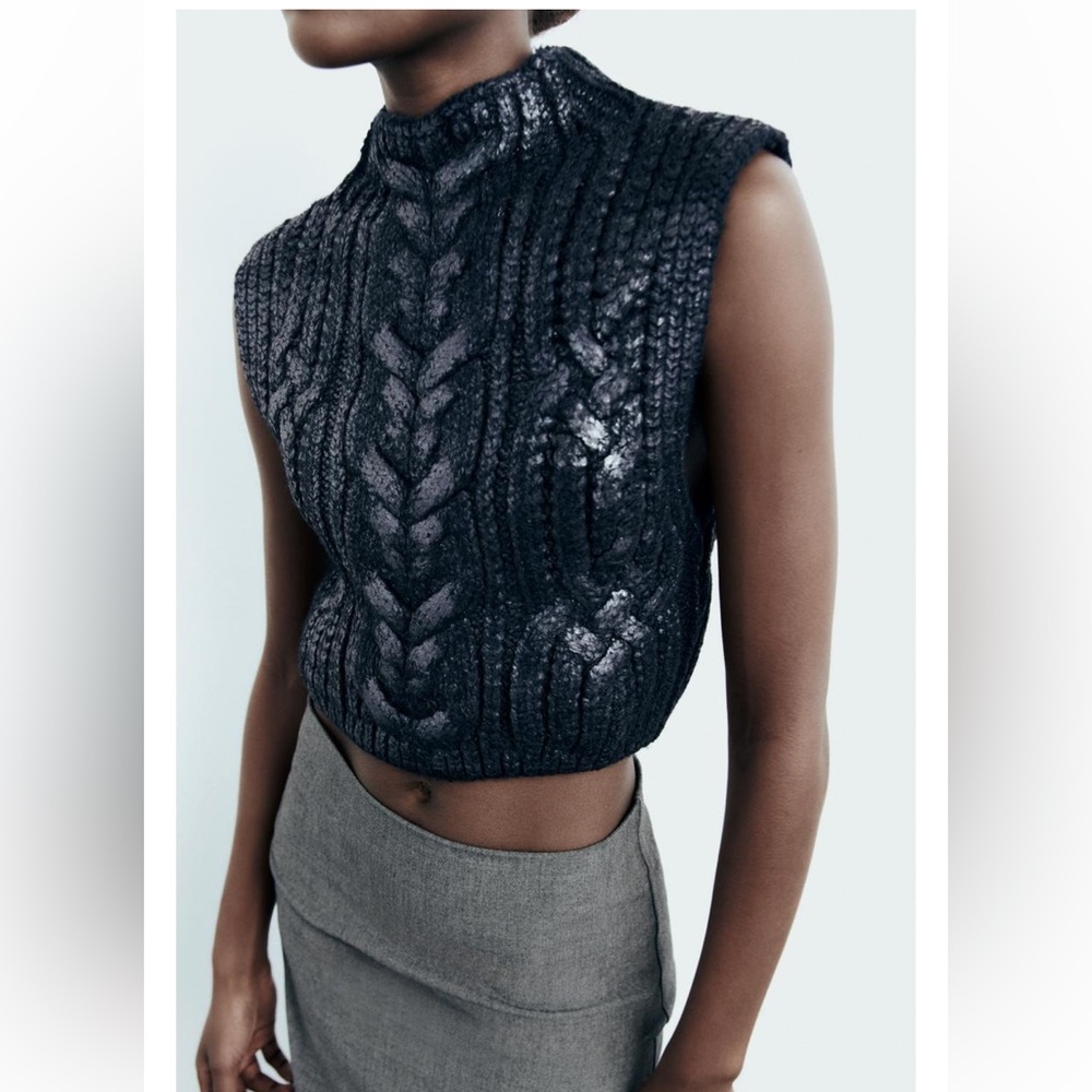 “ZARA” Sleeveless Metallic Chunky Cable Knit Crop Sweater Vest